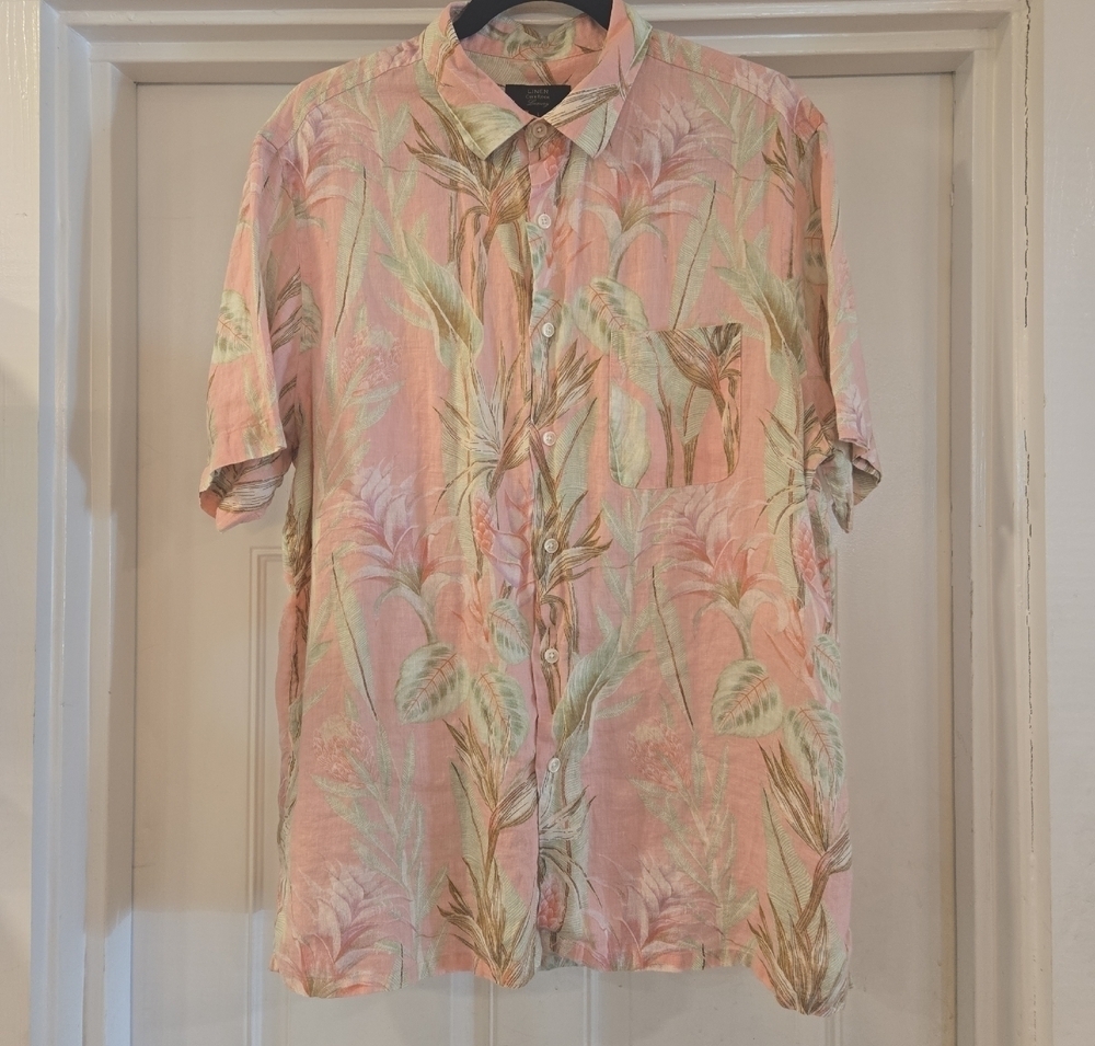 Linen Tropical Floral Short Sleeve Button Down Shirt Womens Large Pink Green